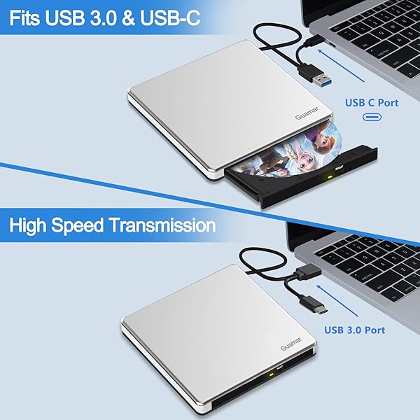 Guamar Guamar External CD DVD Drive USB 3.0 Portable Optical Disk Reader Burner for Laptop MacBook Pro PC Windows 11 with 2 USB Ports SD TF Slot - View 8 of 10