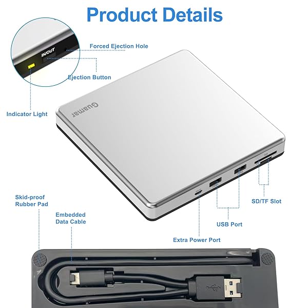 Guamar Guamar External CD DVD Drive USB 3.0 Portable Optical Disk Reader Burner for Laptop MacBook Pro PC Windows 11 with 2 USB Ports SD TF Slot - View 10 of 10