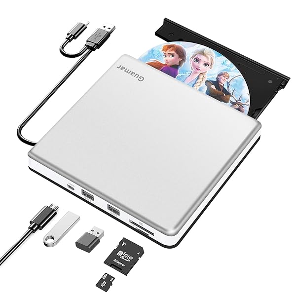 Guamar Guamar External CD DVD Drive USB 3.0 Portable Optical Disk Reader Burner for Laptop MacBook Pro PC Windows 11 with 2 USB Ports SD TF Slot - View 3 of 10