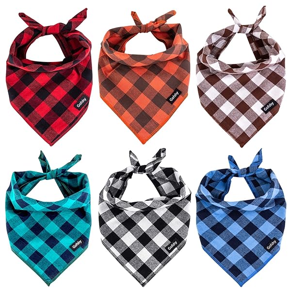 Gofshy Gofshy Buffalo Plaid Dog Bandanas 6PCS Adjustable Kerchiefs for Medium Large Dogs Fall Christmas Gifts Red Blue Green Orange Black Brown