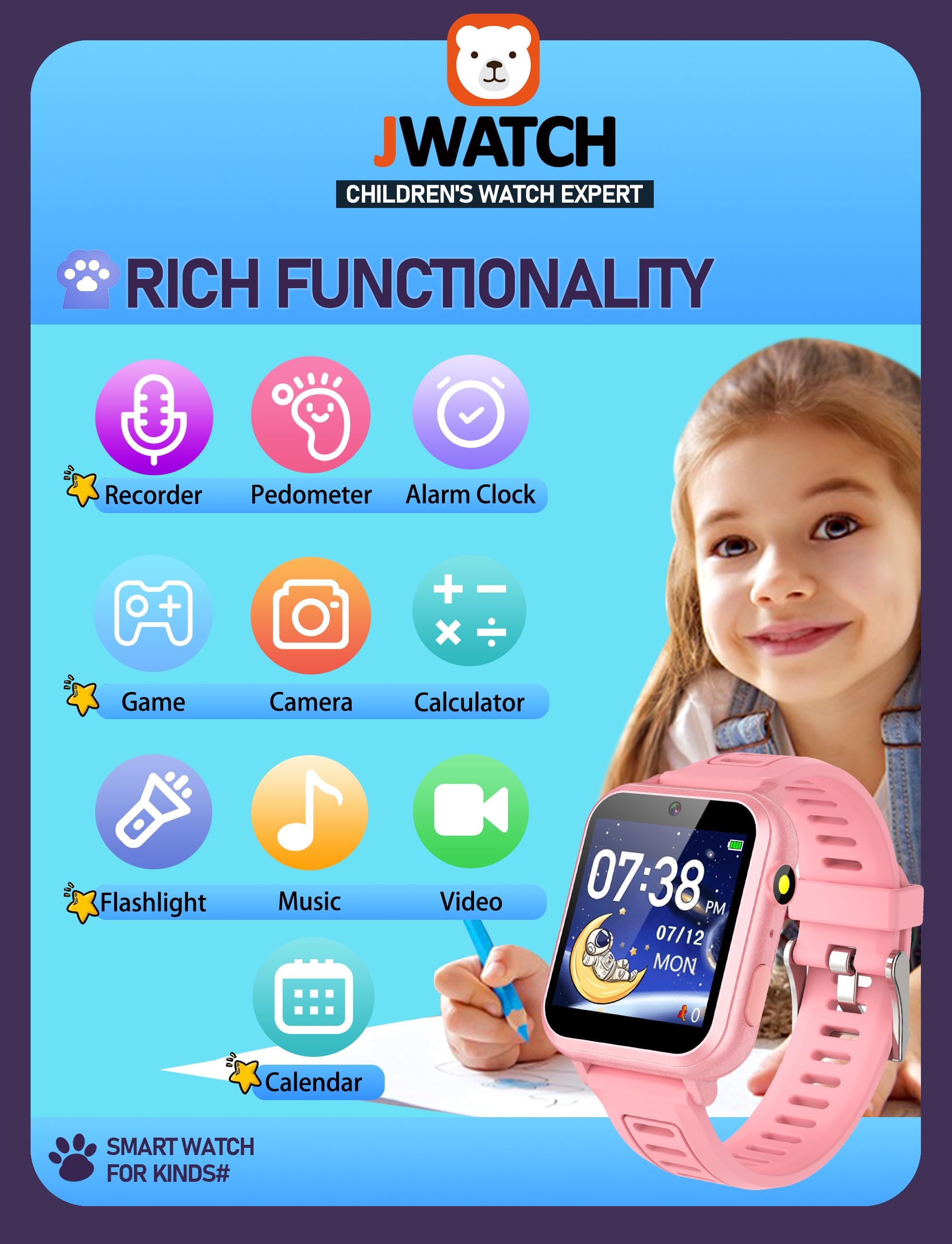 Jwatch Jwatch Kids Smart Watch for Boys and Girls 6-12 with Pedometer Audio Book Camera Music Player Perfect Birthday and Christmas Gift Pink - View 2 of 7