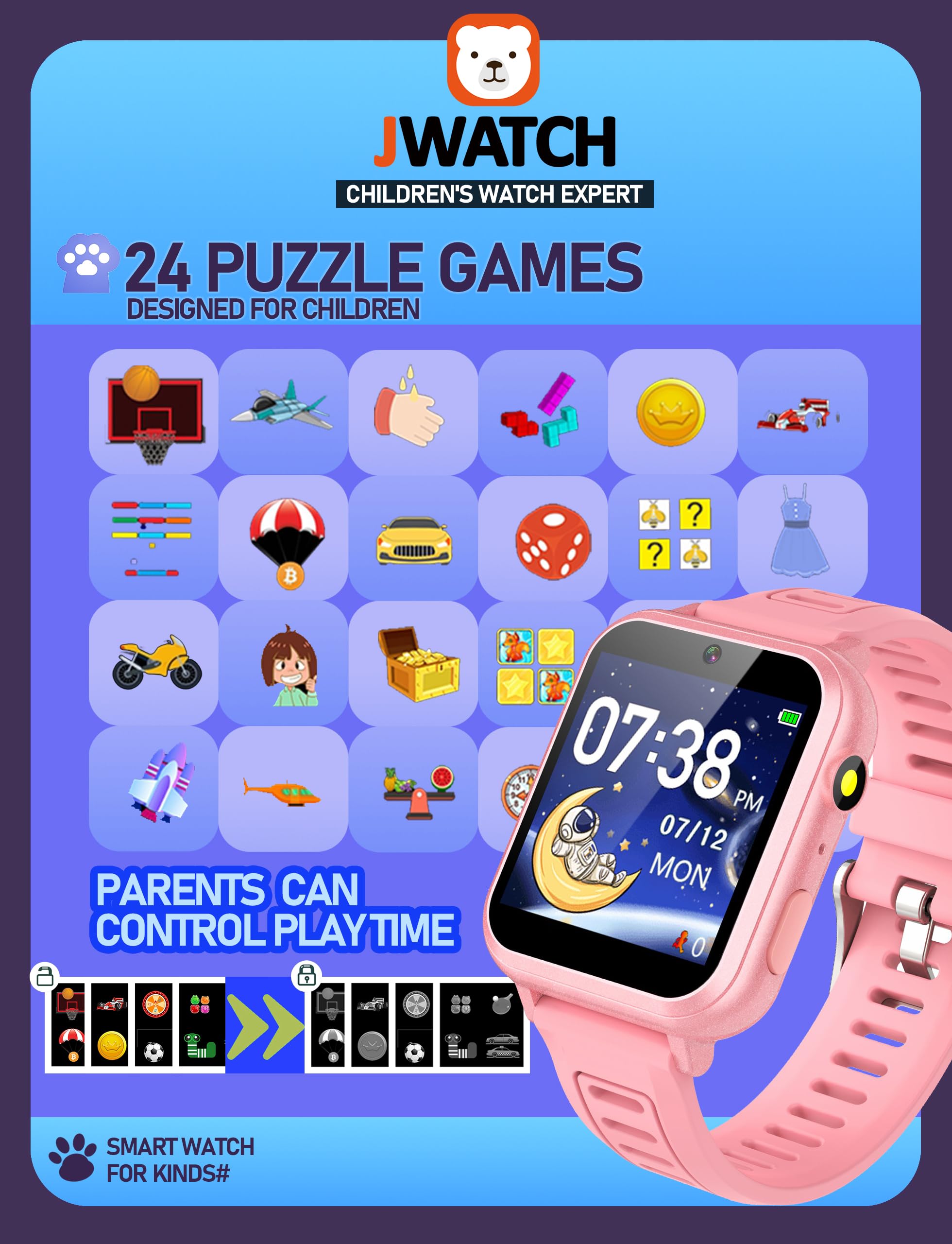 Jwatch Jwatch Kids Smart Watch for Boys and Girls 6-12 with Pedometer Audio Book Camera Music Player Perfect Birthday and Christmas Gift Pink - View 5 of 7