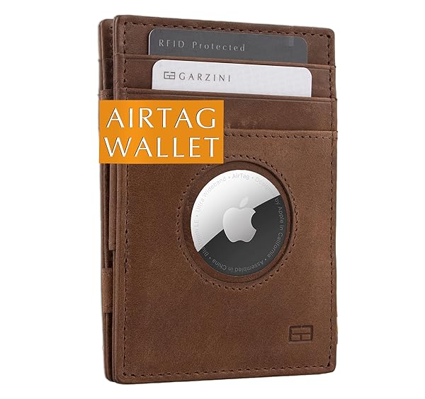 GARZINI Garzini Magic AirTag Wallet for Men Minimalist RFID Leather Wallet Holds 10 Cards Brushed Brown