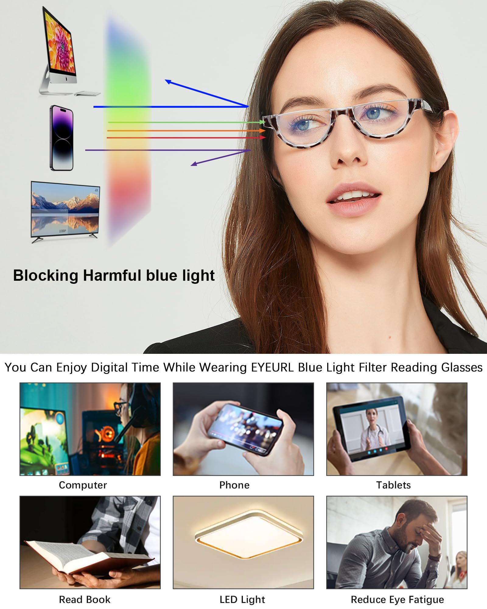 EYEURL EYEURL Half Frame Reading Glasses for Women 5 Pack Blue Light Blocking Rimless Computer Readers Anti UV Ray Eyeglasses with Spring Hinges 1.25 - View 6 of 8