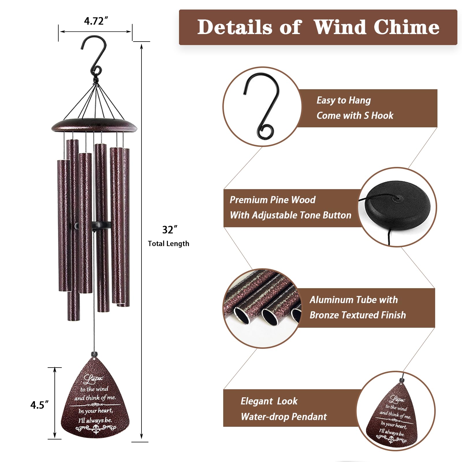 Soopau Soopau 32 Inch Sympathy Wind Chimes for Outside Memorial Gifts for Loss of Loved One in Memory of Mother Father Bronze - View 4 of 6