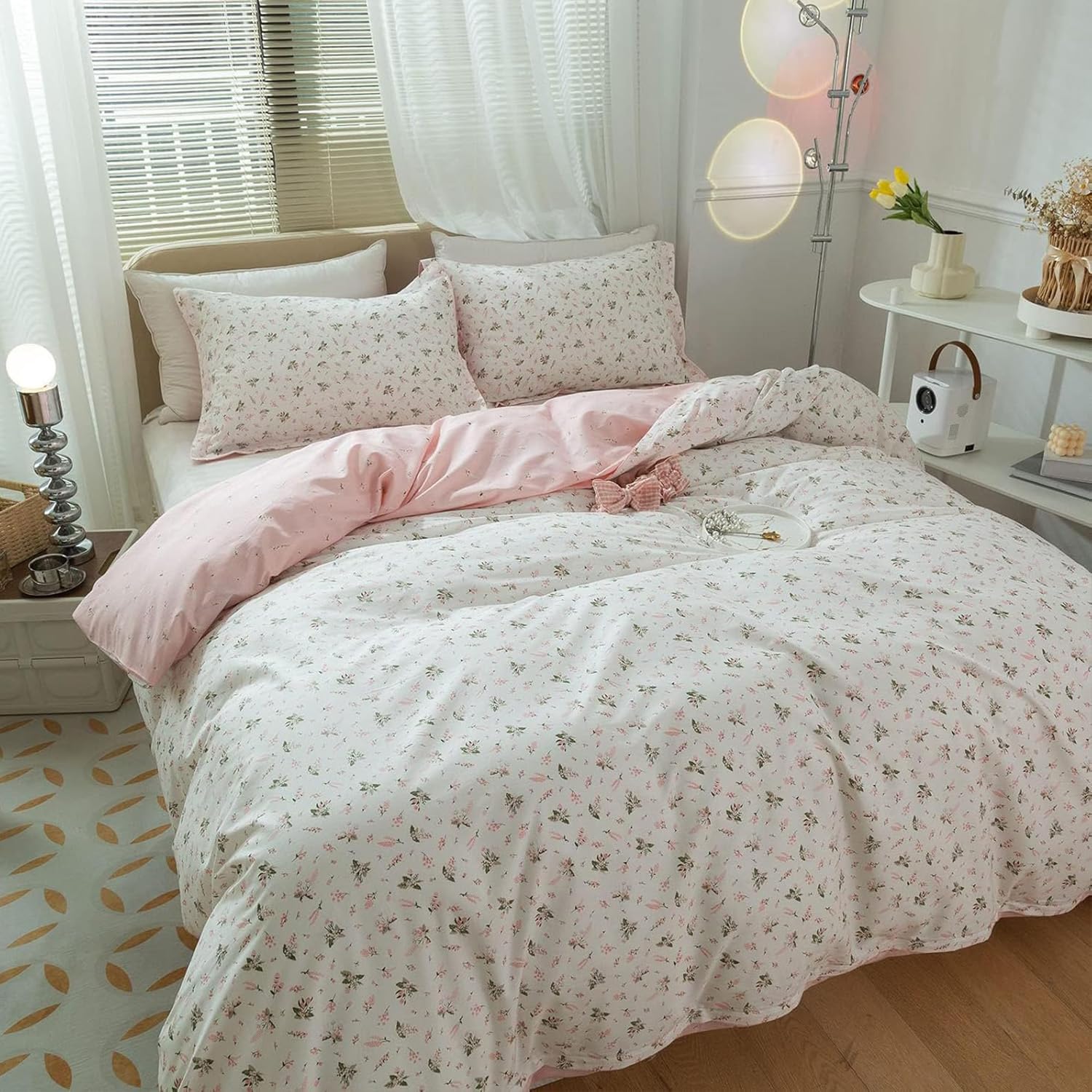 EAVD EAVD Vintage Floral Duvet Cover Full Size Cotton Pink Garden Bedding Set with Zipper and 2 Pillowcases for Chic Aesthetic Comfort - View 2 of 9