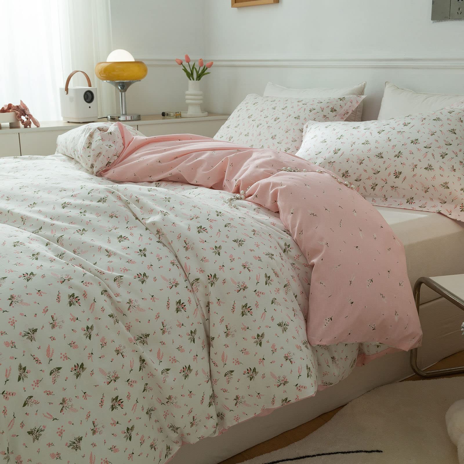 EAVD EAVD Vintage Floral Duvet Cover Full Size Cotton Pink Garden Bedding Set with Zipper and 2 Pillowcases for Chic Aesthetic Comfort - View 3 of 9
