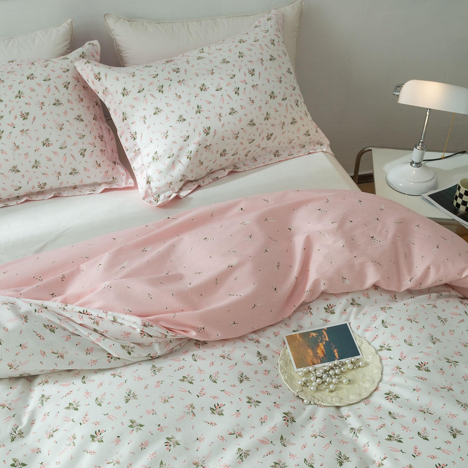 EAVD EAVD Vintage Floral Duvet Cover Full Size Cotton Pink Garden Bedding Set with Zipper and 2 Pillowcases for Chic Aesthetic Comfort - View 7 of 9