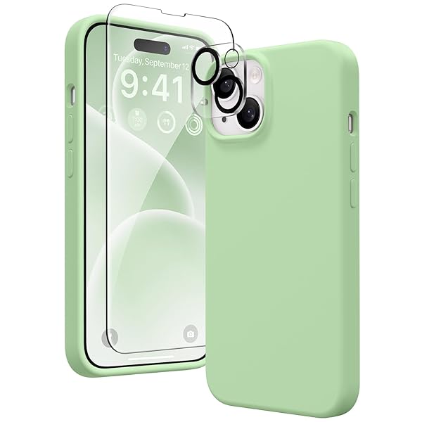 GONEZ GONEZ iPhone 15 Case Liquid Silicone with Screen and Camera Lens Protectors Shockproof Soft Microfiber Lining Green 6.1 Inch