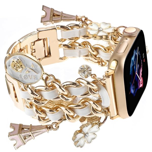 REALSIGN REALSIGN Stylish Metal Wristband for Apple Watch 38mm 40mm 41mm - Cuban Chain Band with Unique Flower Pendants for Women - View 6 of 9