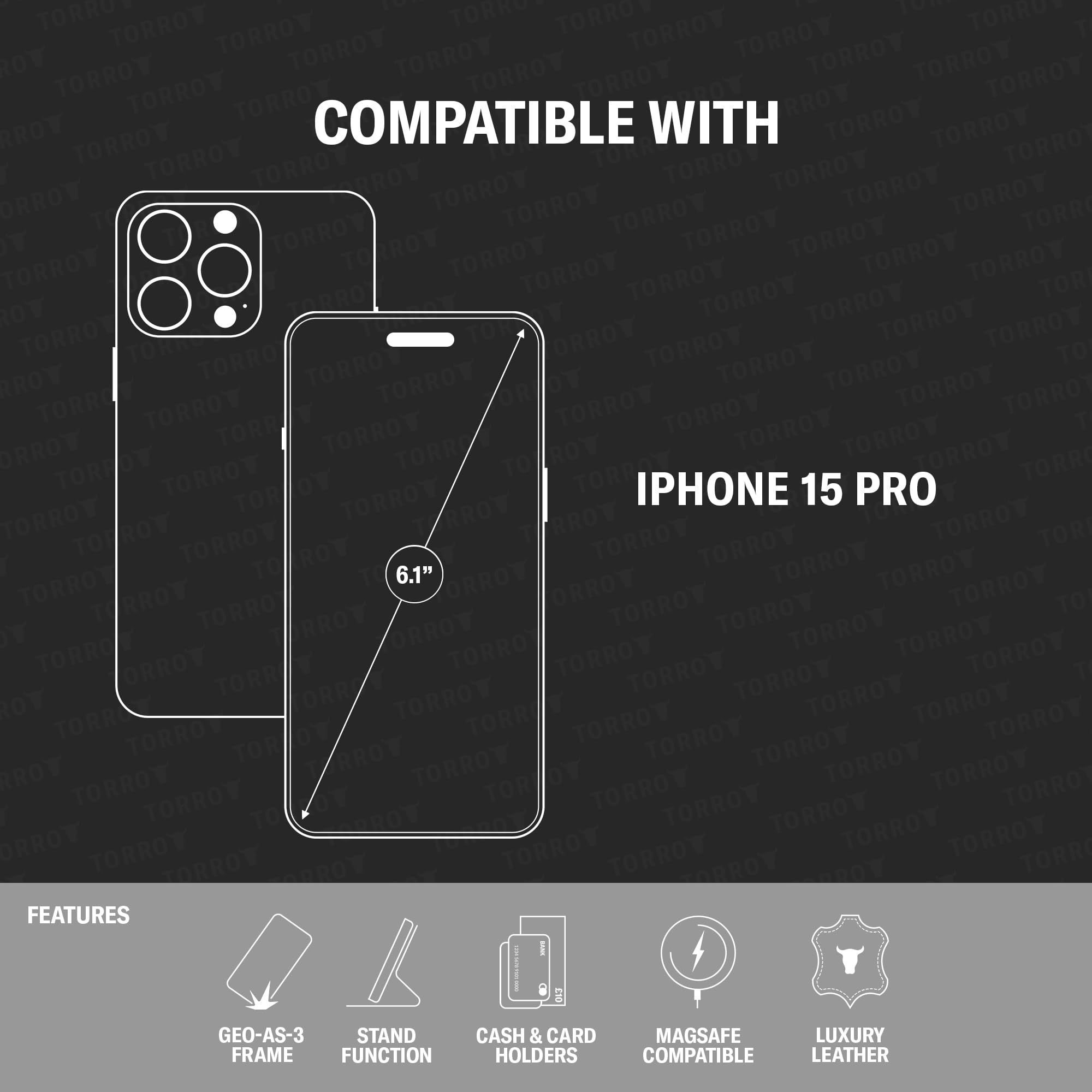 TORRO Premium Leather Case for iPhone 15 Pro 6.1" Genuine Leather Wallet Flip Folio with Kickstand and Card Slots Dark Brown - View 2 of 8