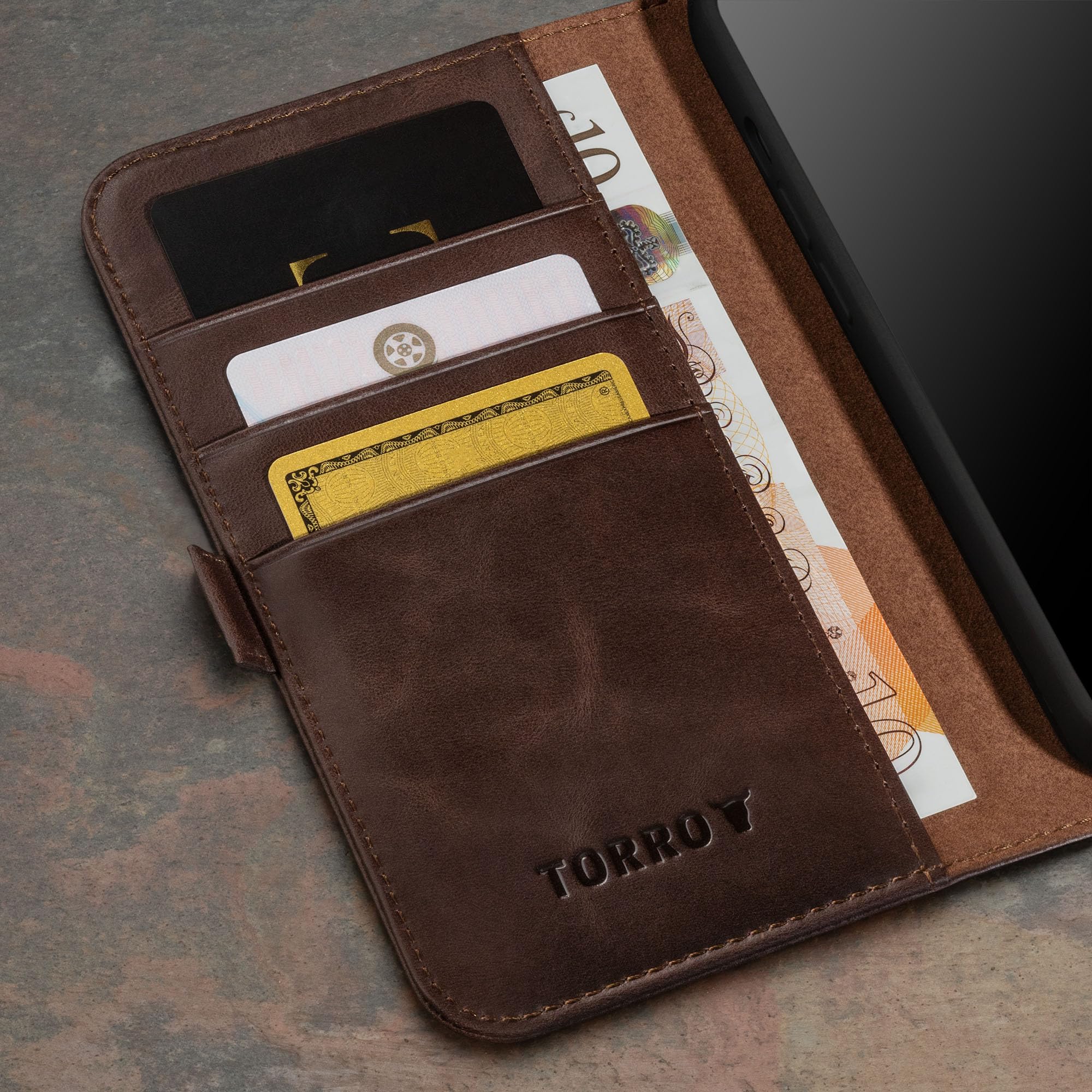 TORRO Premium Leather Case for iPhone 15 Pro 6.1" Genuine Leather Wallet Flip Folio with Kickstand and Card Slots Dark Brown - View 4 of 8