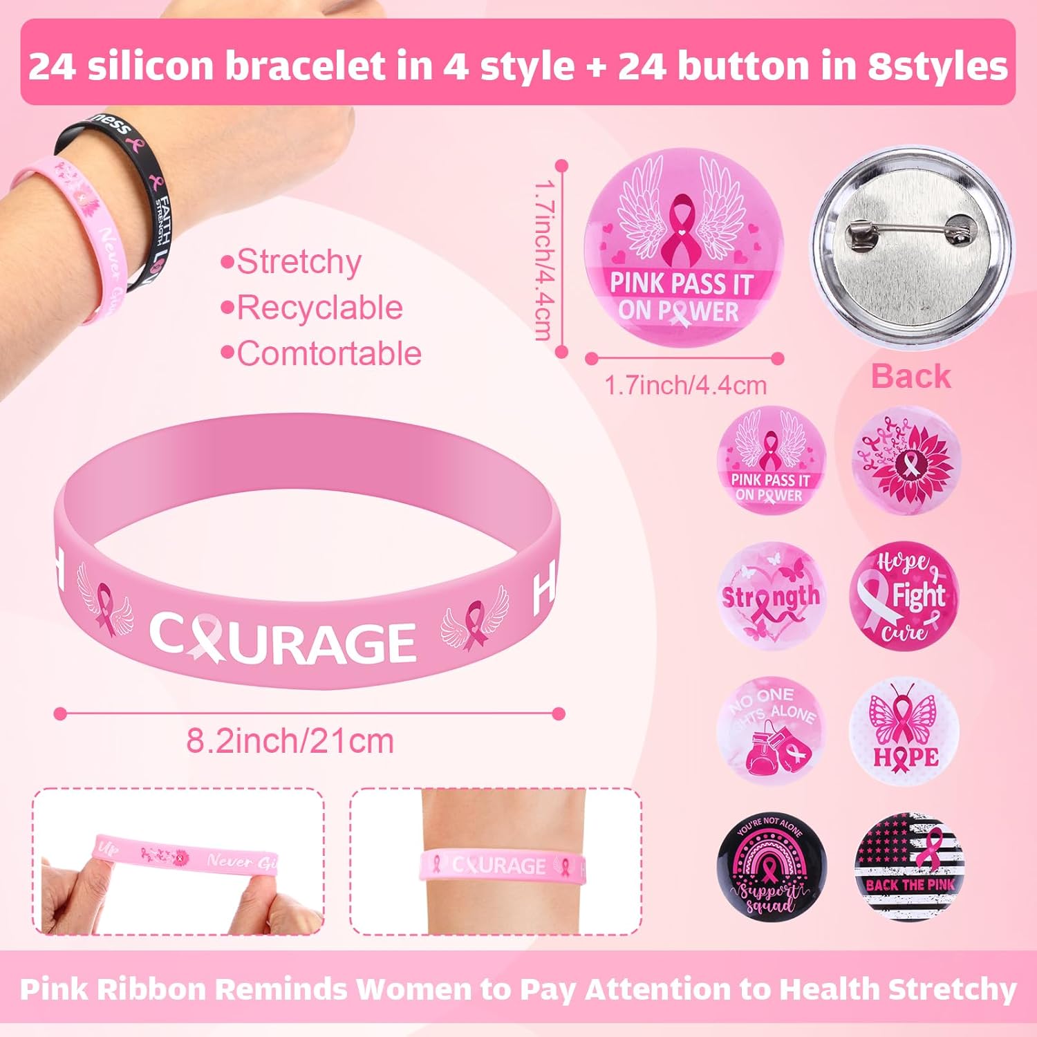 Cholemy Cholemy 120 Pcs Breast Cancer Awareness Gifts Set with Pink Ribbon Pens Badges Notepads Bracelets and Organza Bags for Charity Events - View 3 of 6
