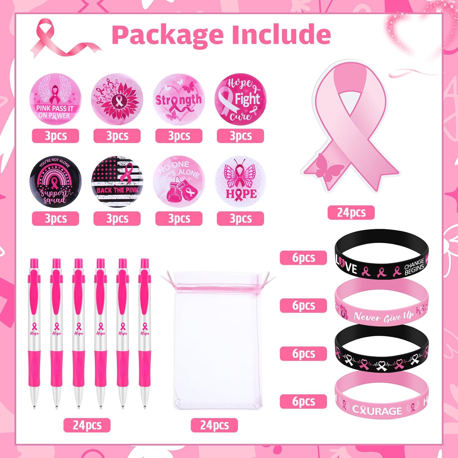 Cholemy Cholemy 120 Pcs Breast Cancer Awareness Gifts Set with Pink Ribbon Pens Badges Notepads Bracelets and Organza Bags for Charity Events - View 4 of 6