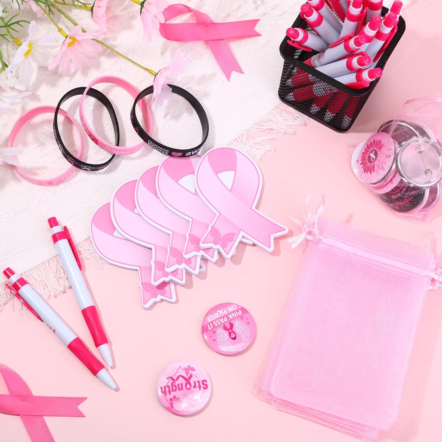 Cholemy Cholemy 120 Pcs Breast Cancer Awareness Gifts Set with Pink Ribbon Pens Badges Notepads Bracelets and Organza Bags for Charity Events - View 5 of 6
