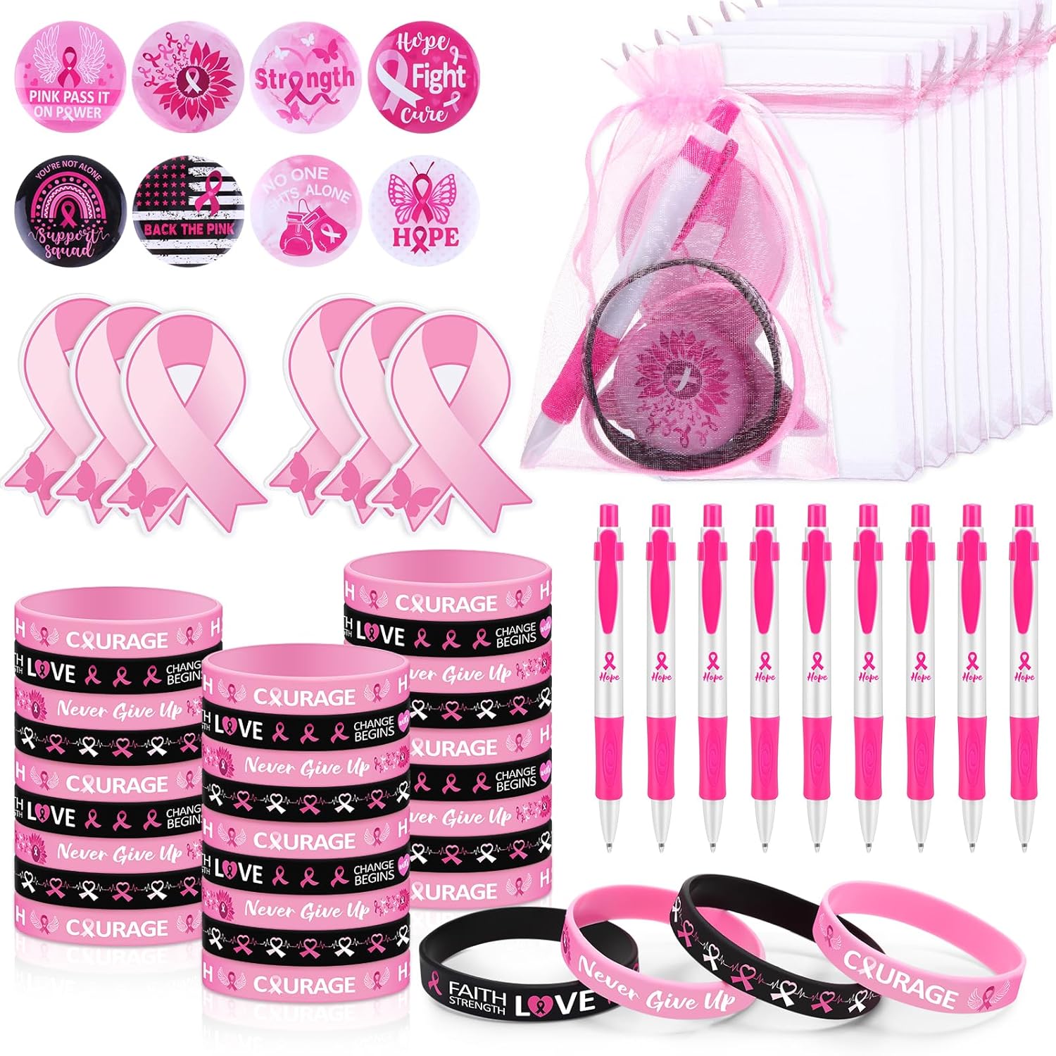 Cholemy Cholemy 120 Pcs Breast Cancer Awareness Gifts Set with Pink Ribbon Pens Badges Notepads Bracelets and Organza Bags for Charity Events