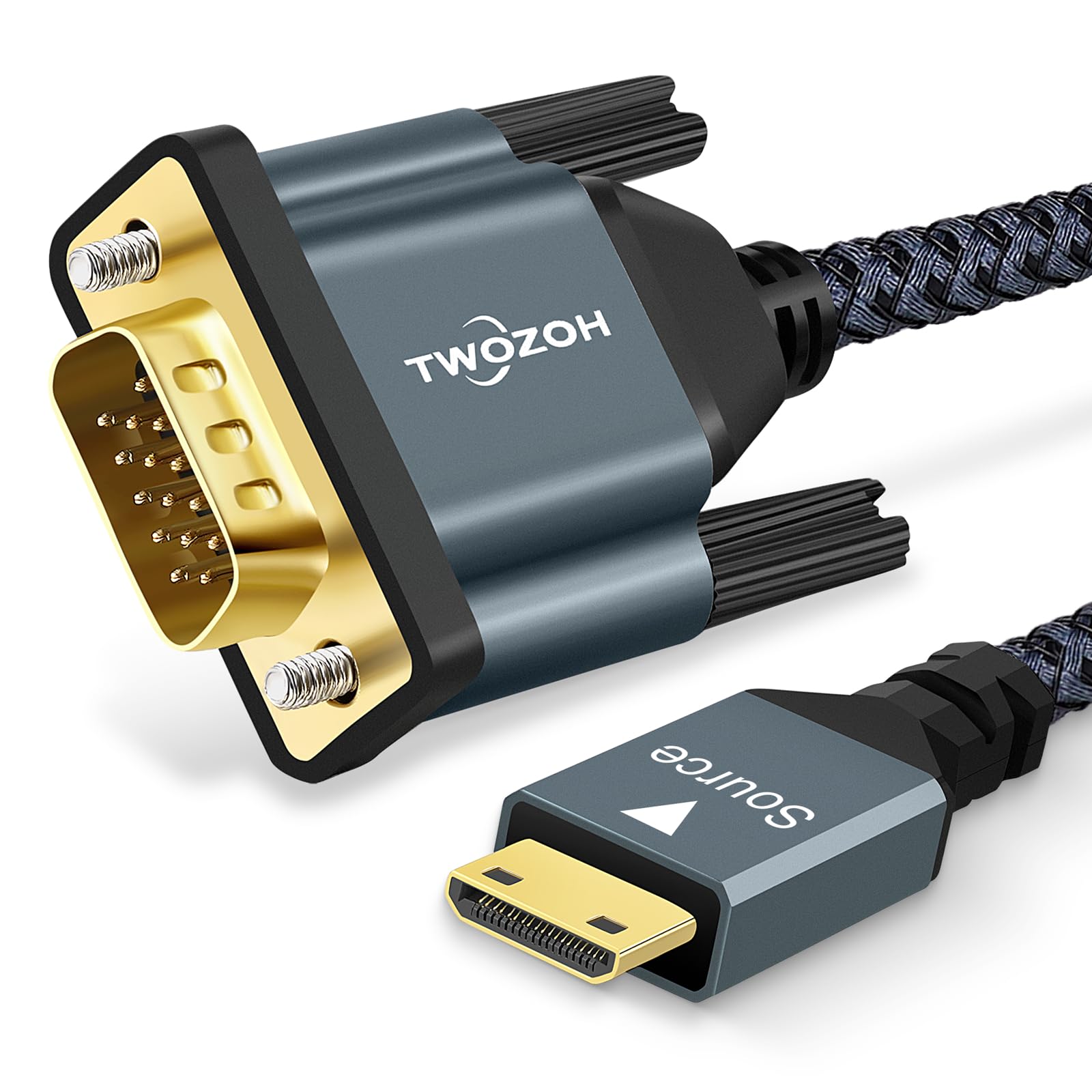 Twozoh Mini HDMI to VGA Cable 6.6FT Gold Plated Braided Male to Male Compatible with Ultrabooks Notebooks Tablets Cameras and Camcorders