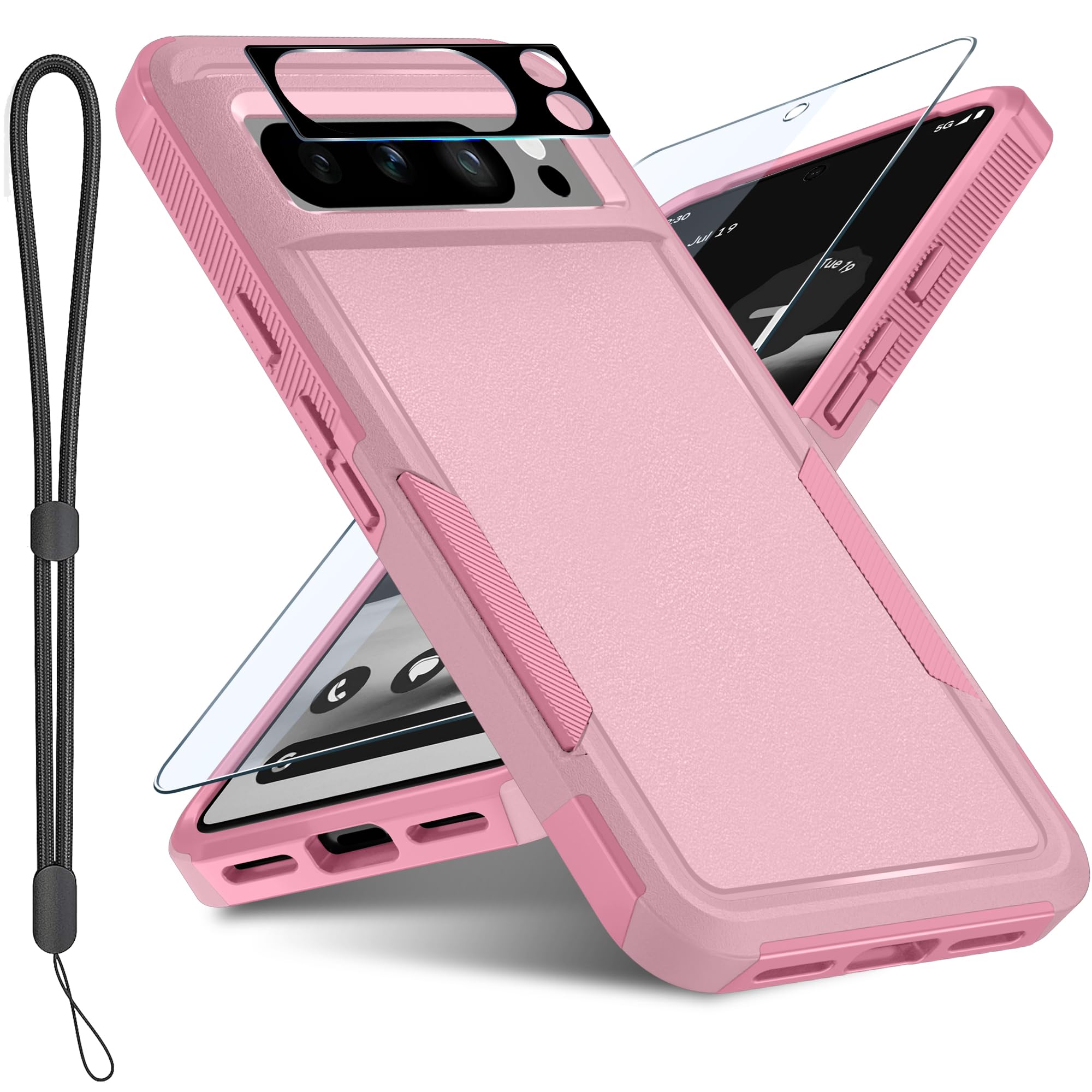 Janmitta Janmitta Heavy Duty Shockproof Case for Google Pixel 8 Pro with Screen Protector Camera Lens Protector and Wrist Strap in Girly Pink 2023