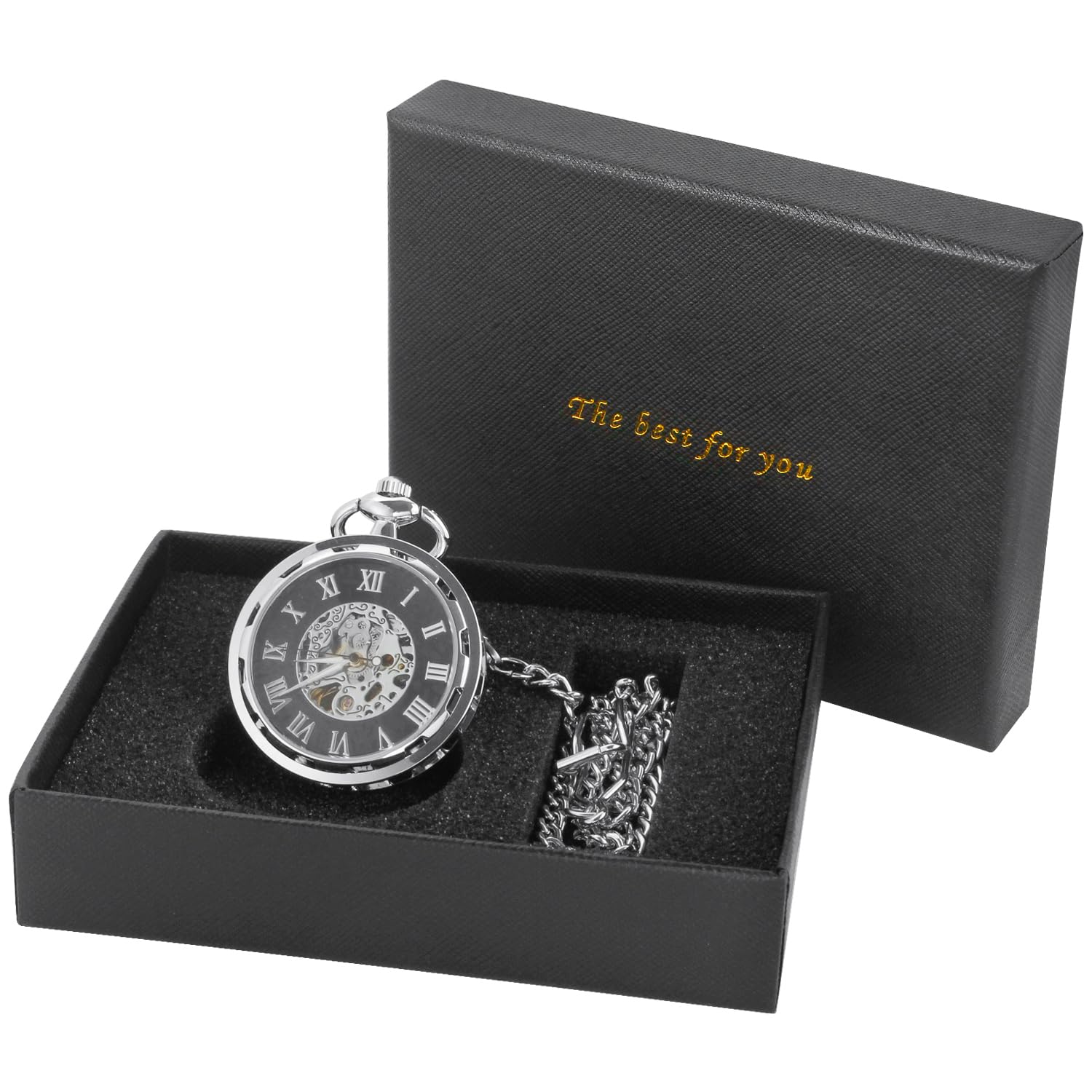 Whodoit Whodoit Silvery Steel Roman Numerals Mechanical Pocket Watch for Men Antique Style with Chain and Box - View 2 of 8