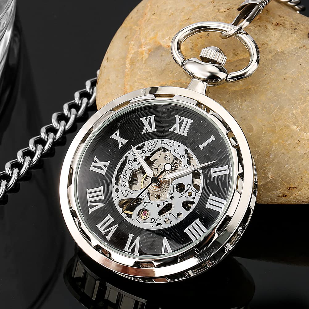 Whodoit Whodoit Silvery Steel Roman Numerals Mechanical Pocket Watch for Men Antique Style with Chain and Box - View 3 of 8