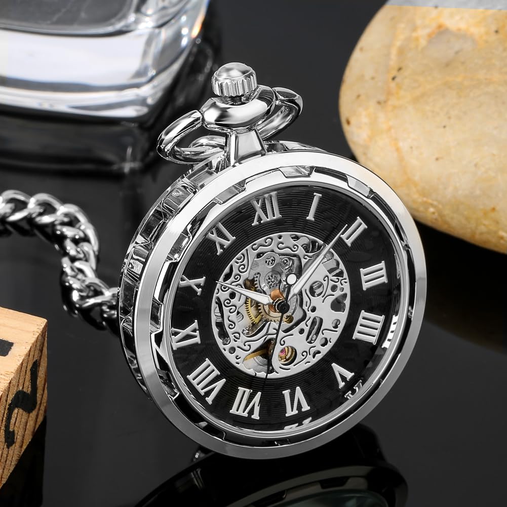 Whodoit Whodoit Silvery Steel Roman Numerals Mechanical Pocket Watch for Men Antique Style with Chain and Box - View 5 of 8