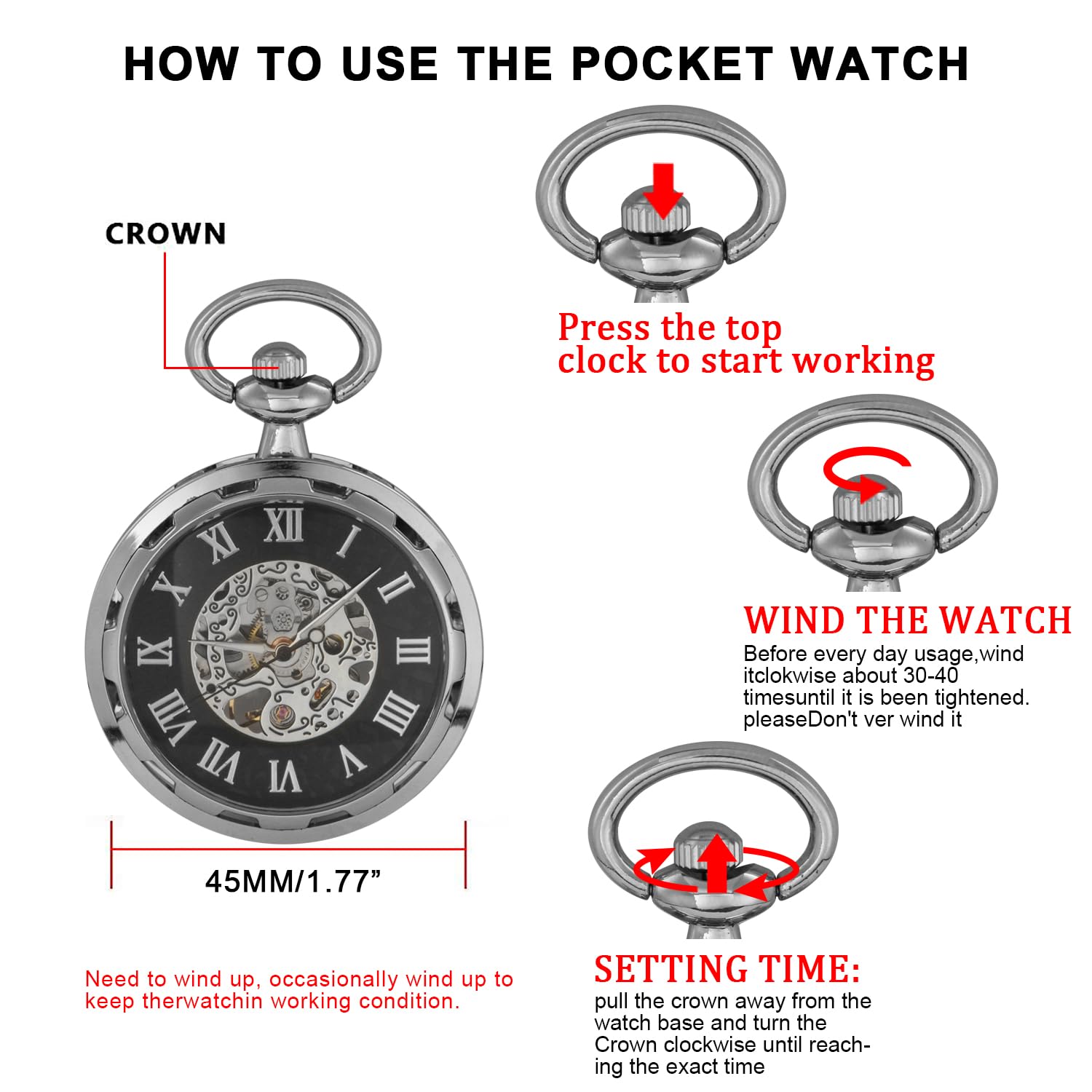 Whodoit Whodoit Silvery Steel Roman Numerals Mechanical Pocket Watch for Men Antique Style with Chain and Box - View 7 of 8