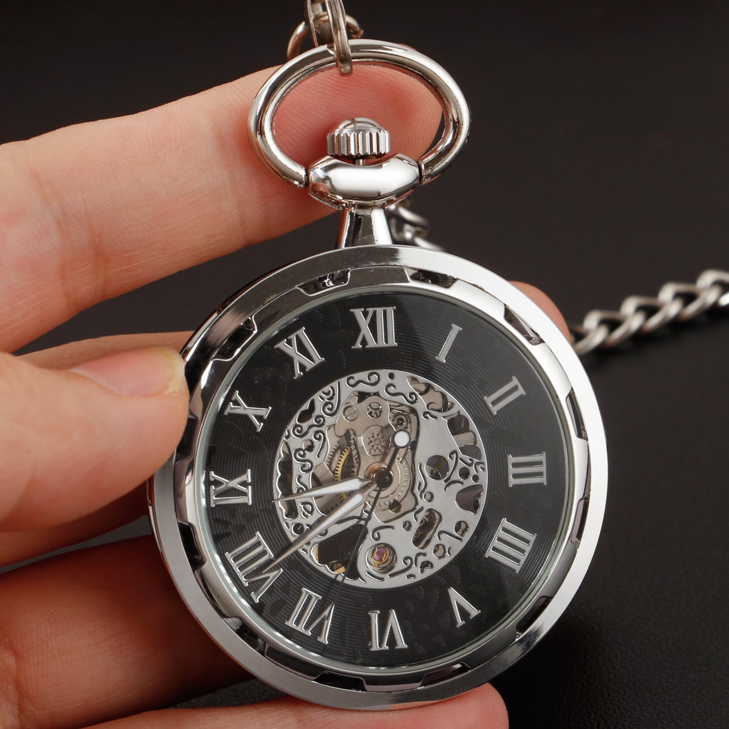 Whodoit Whodoit Silvery Steel Roman Numerals Mechanical Pocket Watch for Men Antique Style with Chain and Box - View 8 of 8