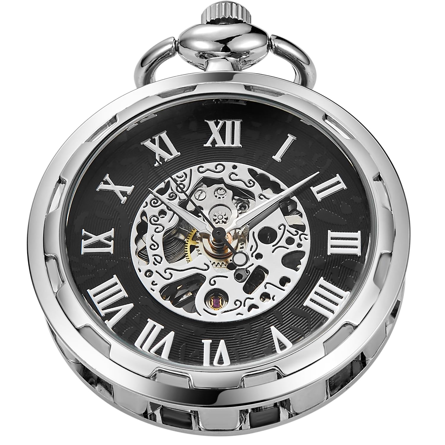Whodoit Silvery Steel Roman Numerals Mechanical Pocket Watch for Men Antique Style with Chain and Box