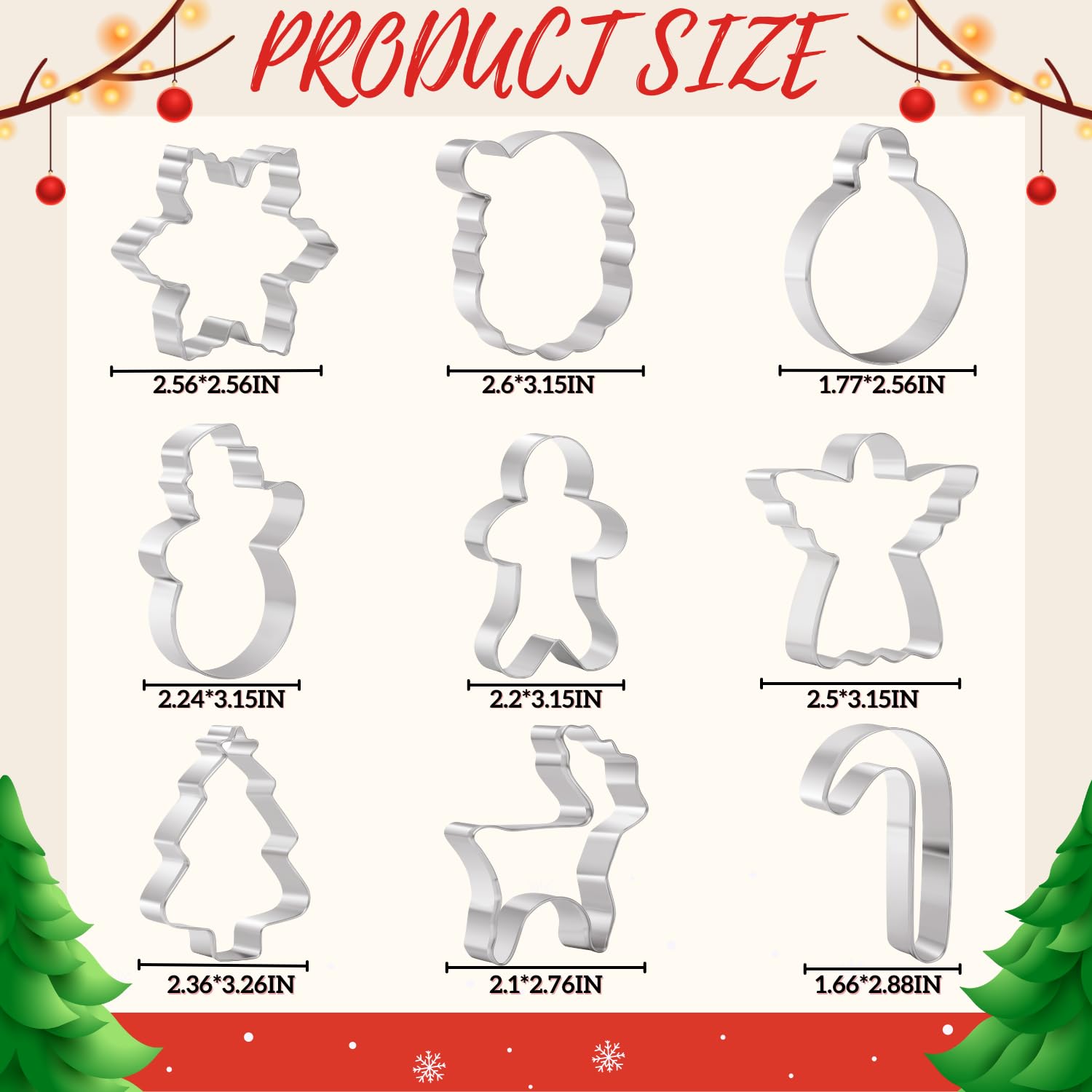 KAISHANE KAISHANE 9 Piece Christmas Cookie Cutters Set for Holiday Baking Gingerbread Man Tree Snowflake Santa Angel Candy Canes Snowmen Elk - View 3 of 7