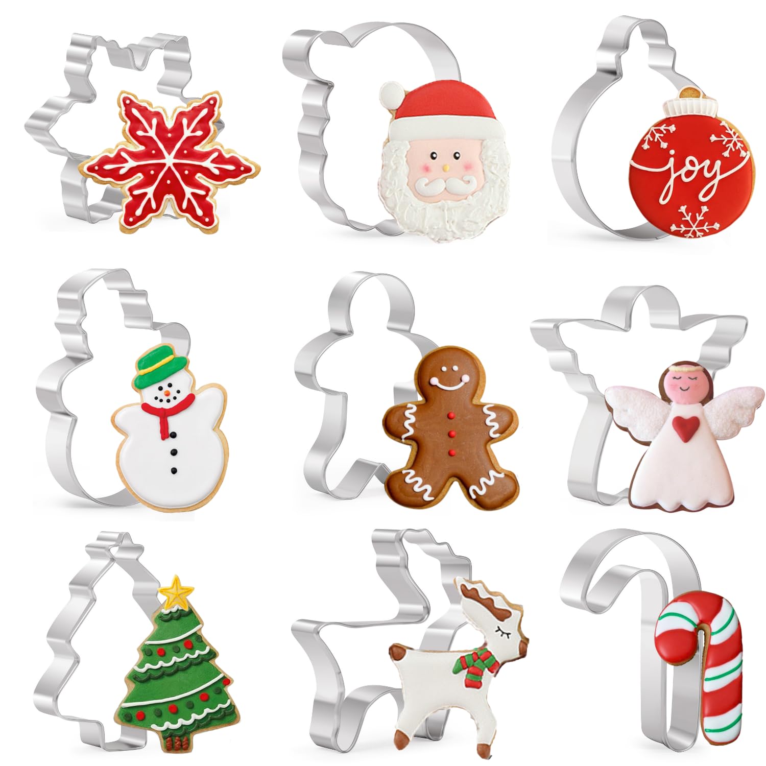 KAISHANE KAISHANE 9 Piece Christmas Cookie Cutters Set for Holiday Baking Gingerbread Man Tree Snowflake Santa Angel Candy Canes Snowmen Elk