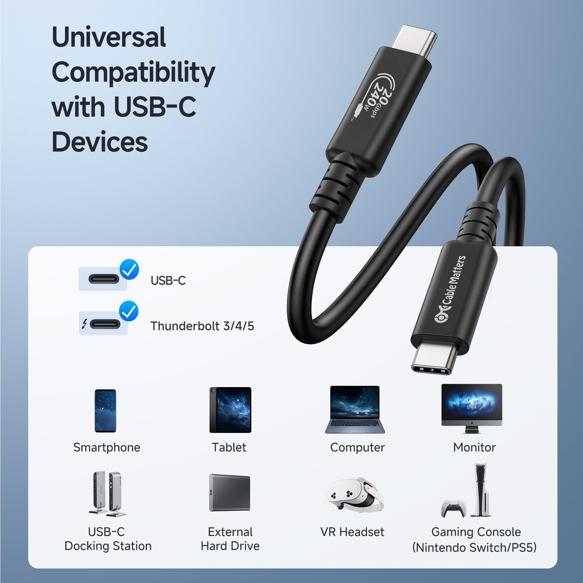 Cable Matters Cable Matters USB4 Cable 6.6ft 20Gbps Long Supports 8K Video 240W Charging Compatible with Thunderbolt 4 and MacBook - View 6 of 7