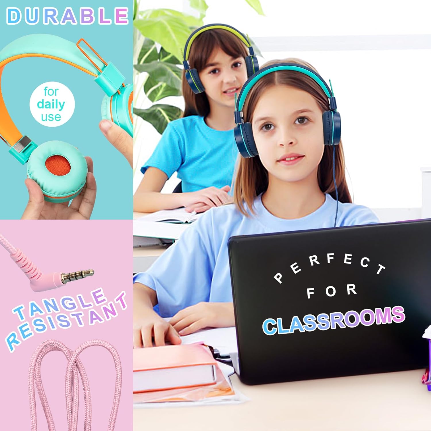 CN-Outlet CN-Outlet 10 Pack Classroom Headphones Bulk for K-12 Students Mixed Color with Microphone Ideal for Libraries and Testing Centers - View 2 of 8