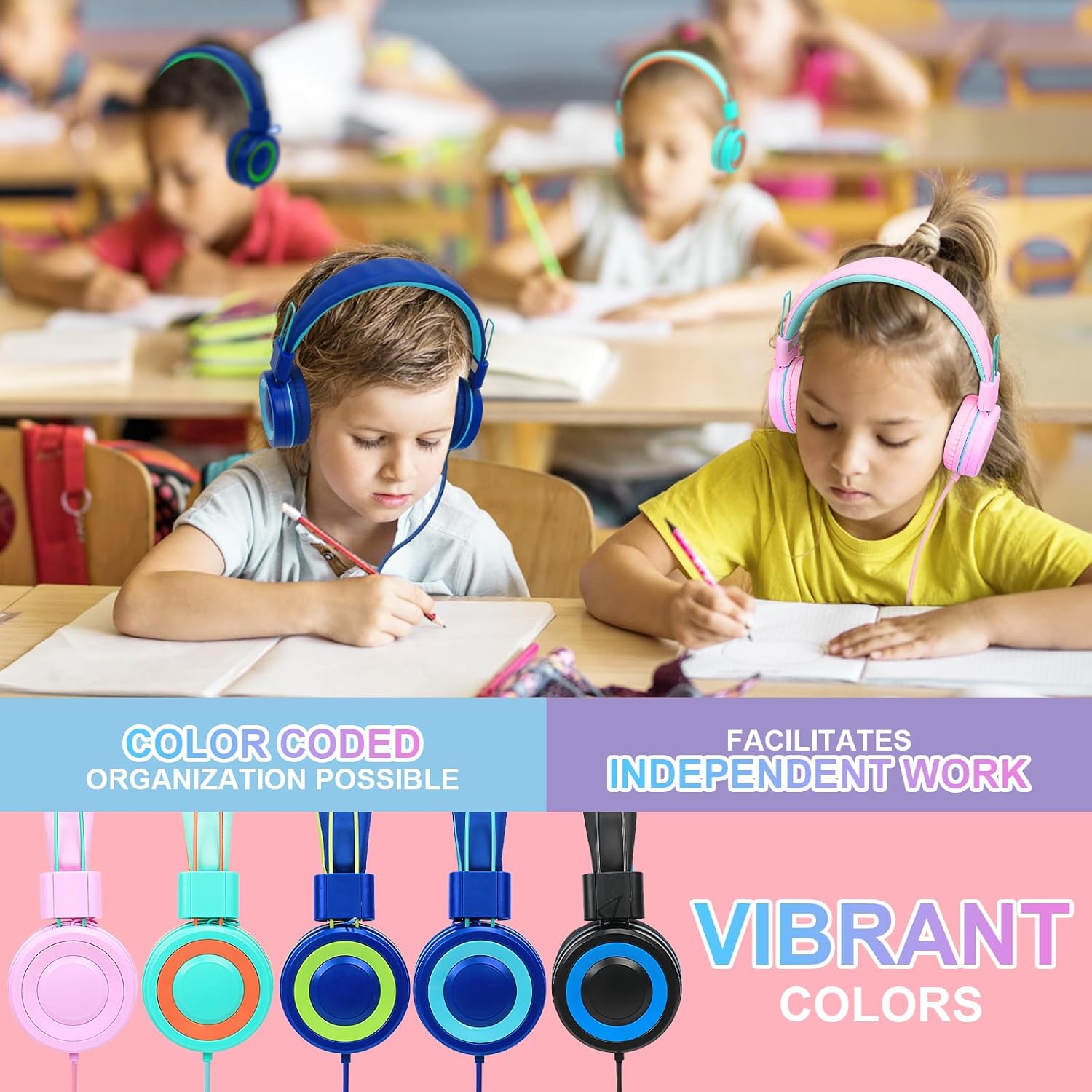 CN-Outlet CN-Outlet 10 Pack Classroom Headphones Bulk for K-12 Students Mixed Color with Microphone Ideal for Libraries and Testing Centers - View 3 of 8