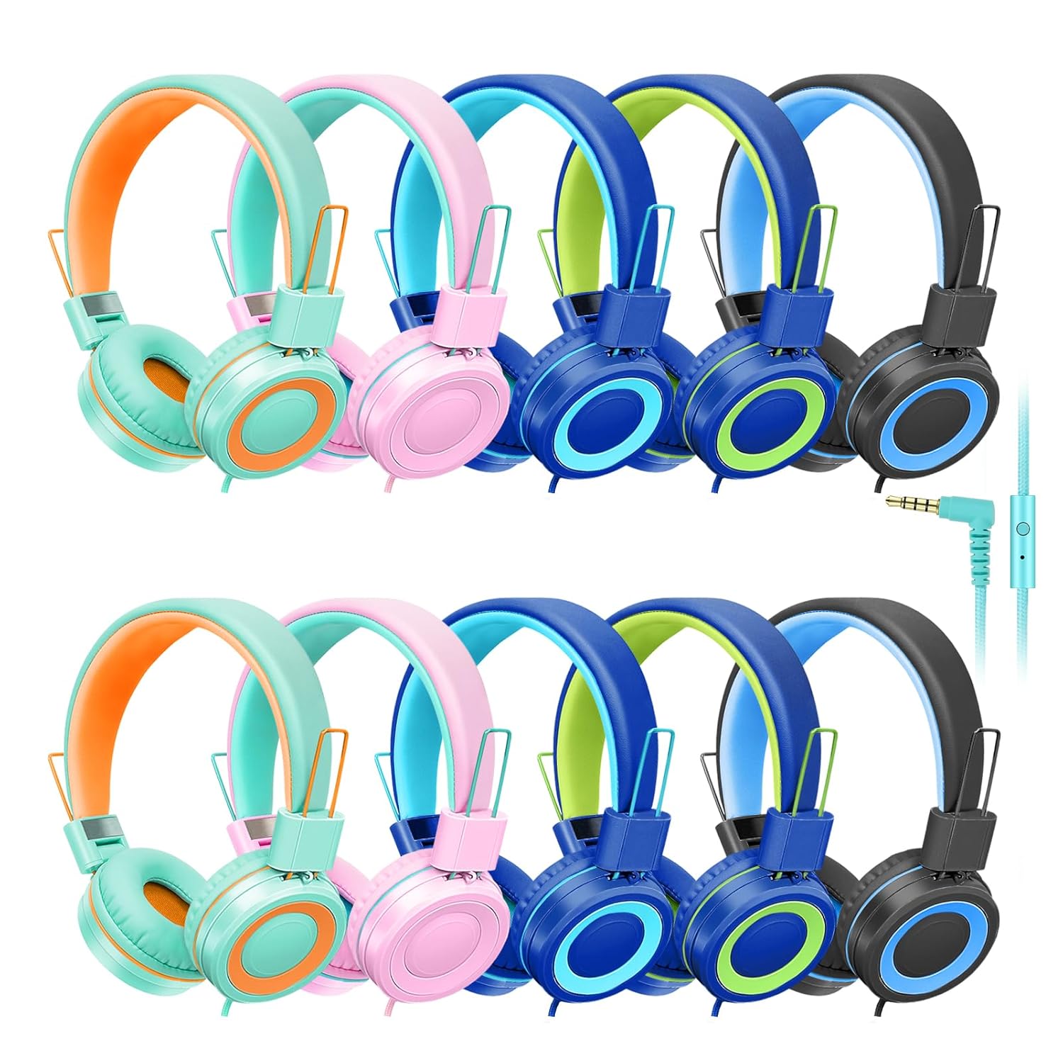 CN-Outlet CN-Outlet 10 Pack Classroom Headphones Bulk for K-12 Students Mixed Color with Microphone Ideal for Libraries and Testing Centers