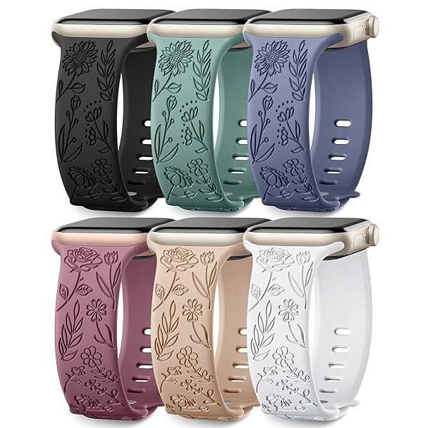SNBLK SNBLK 6-Pack Floral Apple Watch Bands for Women - Water-Resistant Silicone, 38mm-49mm, Rose & Sunflower Designs