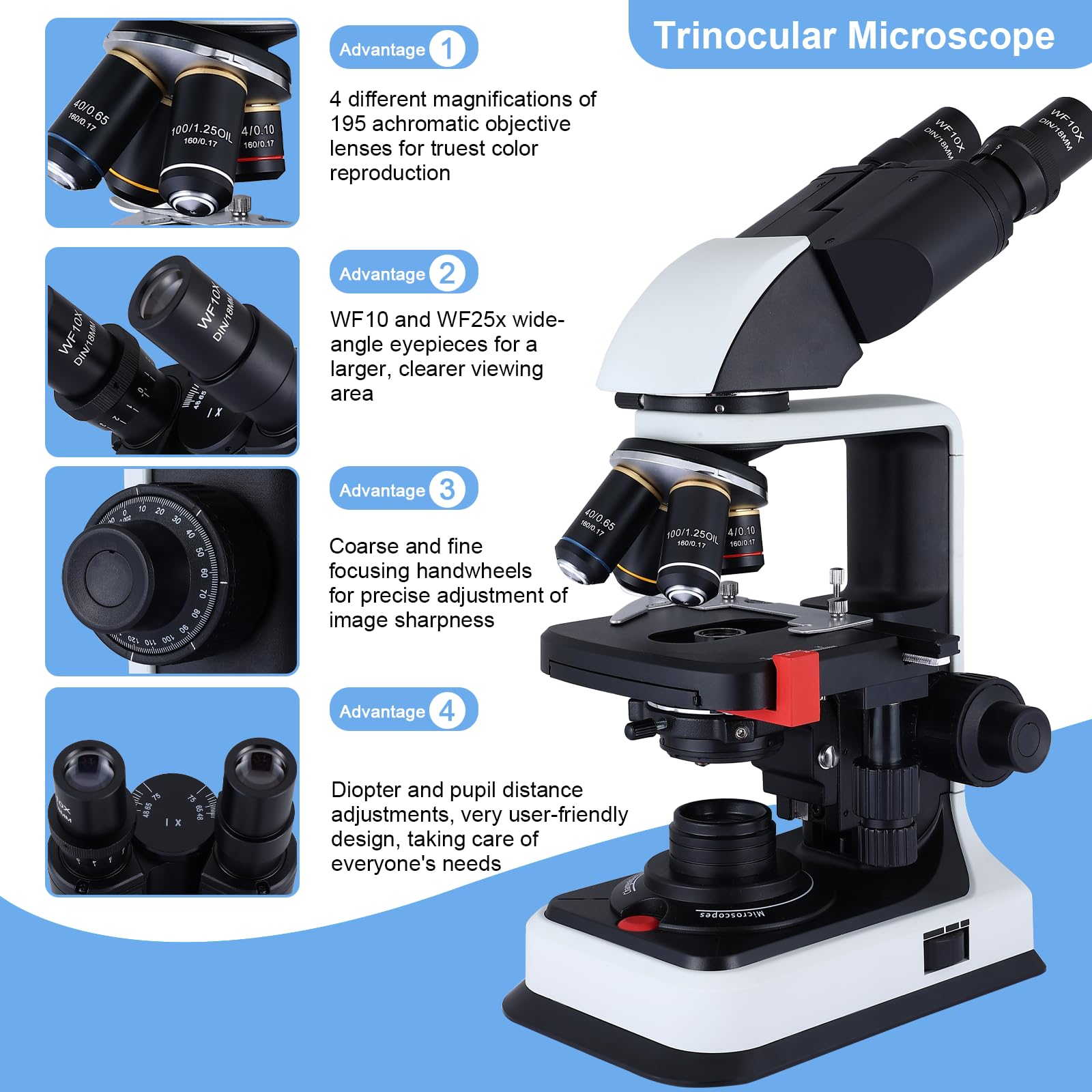 Herwicm Herwicm Compound Trinocular Microscope 40X to 5000X Magnification with LED Illumination and USB Video Camera for Professional Research - View 2 of 8