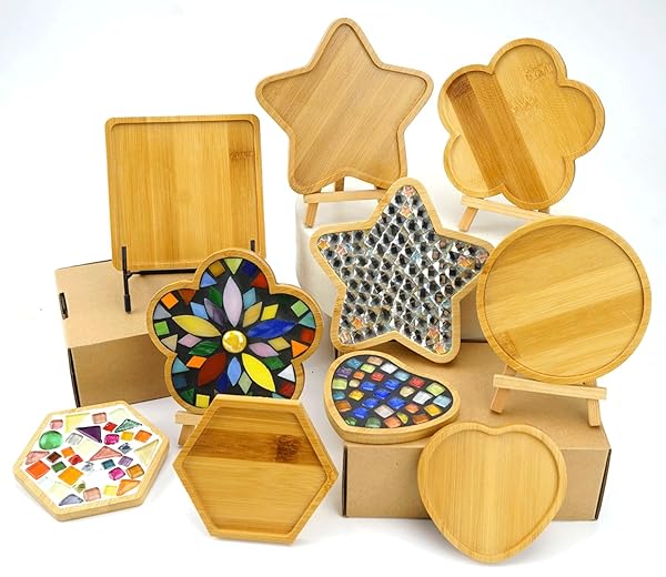 Lanyani Lanyani 6pcs Wooden Mosaic Base Set for DIY Crafts Various Shapes Coaster Tiles