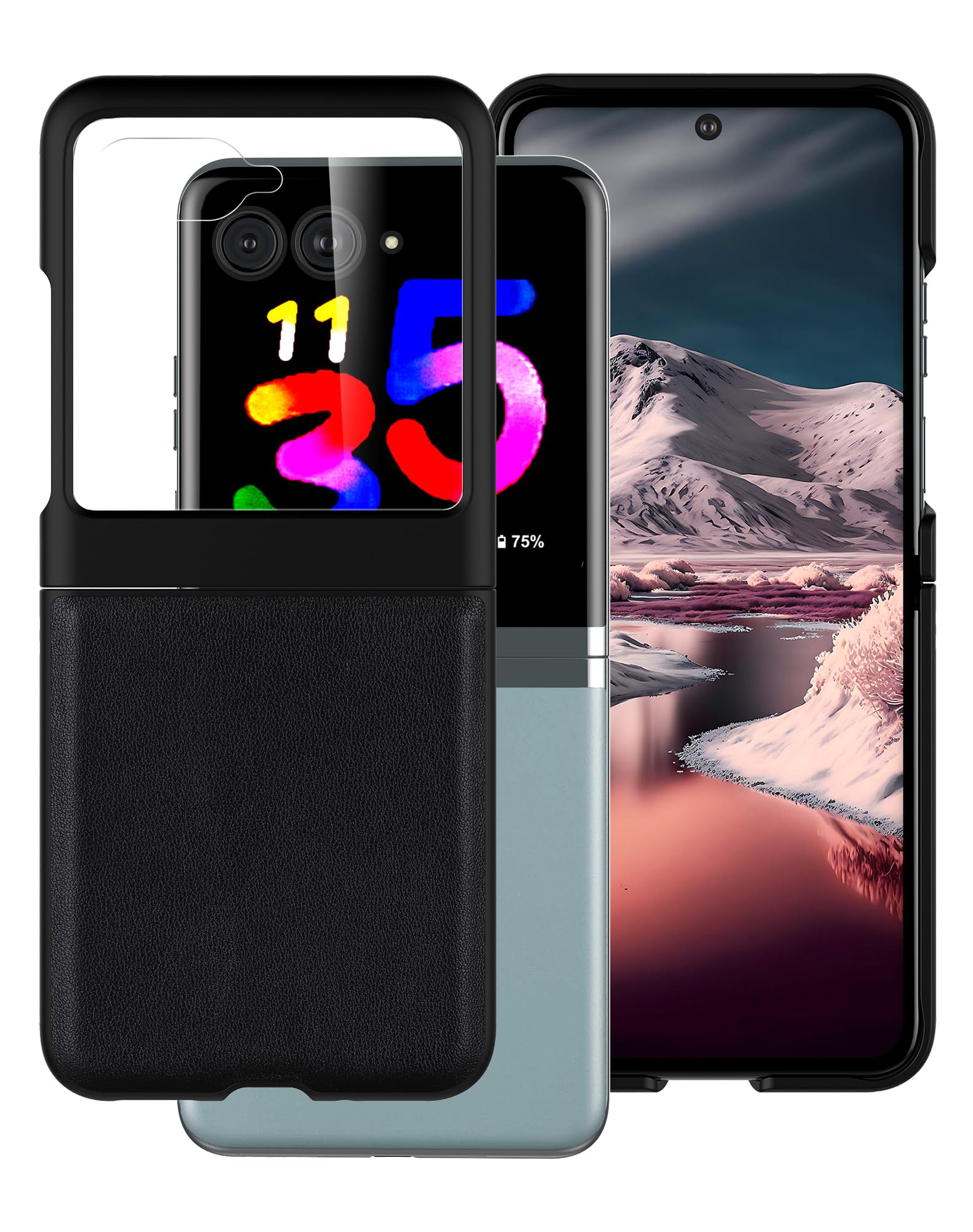 Cresee Cresee Genuine Leather Case for Motorola Razr Plus 2023 with Cover Screen Protector Black - View 3 of 7