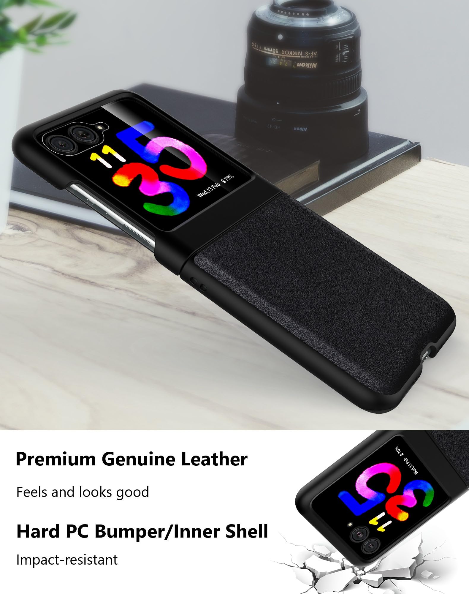 Cresee Cresee Genuine Leather Case for Motorola Razr Plus 2023 with Cover Screen Protector Black - View 5 of 7