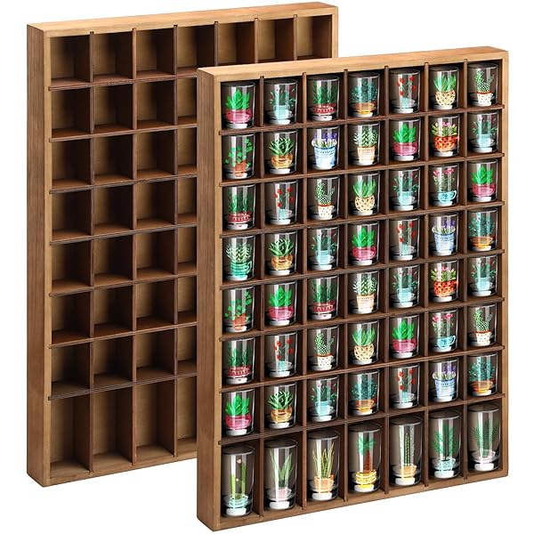 Barydat Barydat Wood Shot Glass Display Case Wall Mounted Rustic Bar Cabinet 56 Compartments Brown 2 Pcs