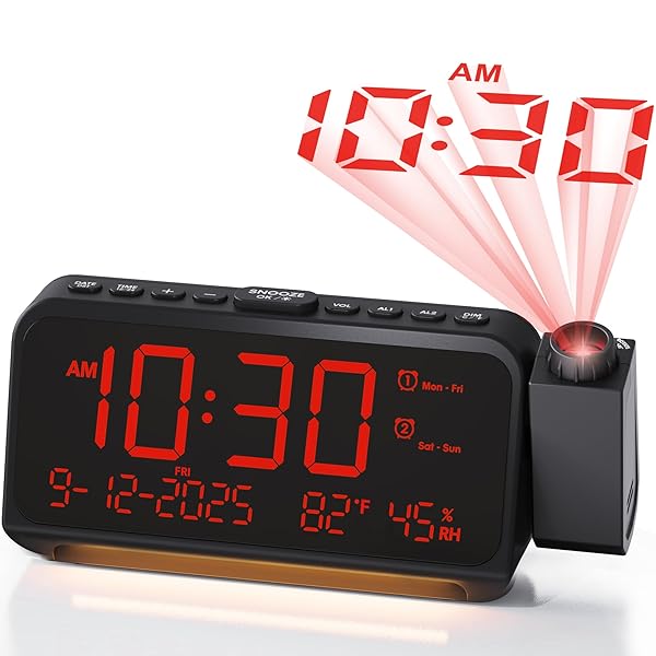 Roxicosly Roxicosly Super Loud Projection Alarm Clock for Heavy Sleepers with Dimmable Ceiling Display and Charging Port for Bedroom Use