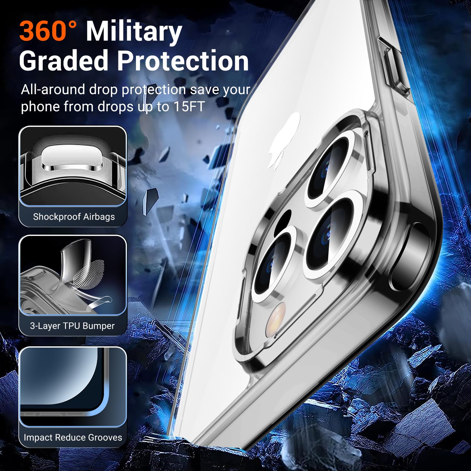 Temdan Temdan iPhone 15 Pro Case Clear Anti-Yellowing Military Grade Drop Protection Slim Fit Shockproof Bumper 6.1 inch 2023 Black/Clear - View 3 of 7