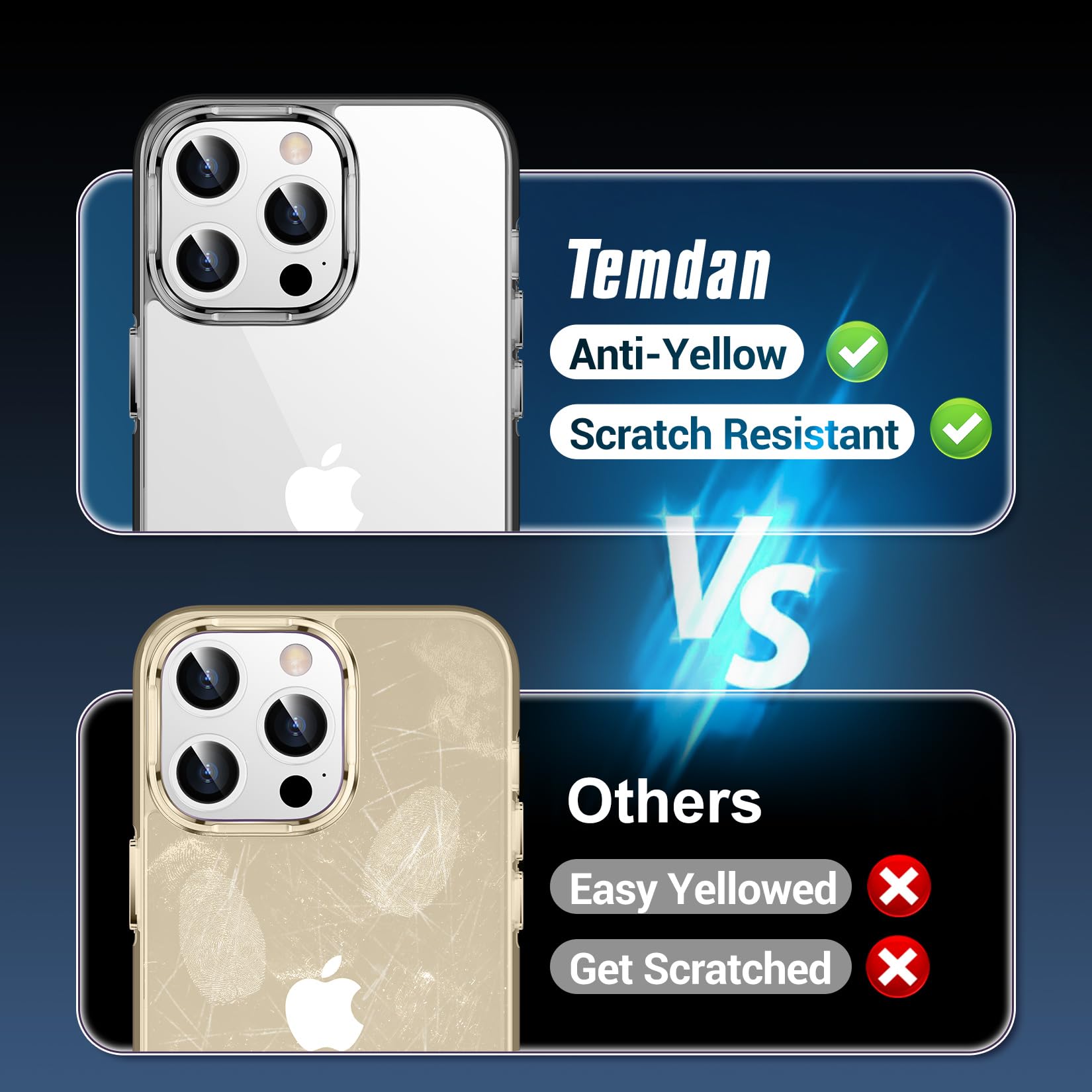 Temdan Temdan iPhone 15 Pro Case Clear Anti-Yellowing Military Grade Drop Protection Slim Fit Shockproof Bumper 6.1 inch 2023 Black/Clear - View 5 of 7