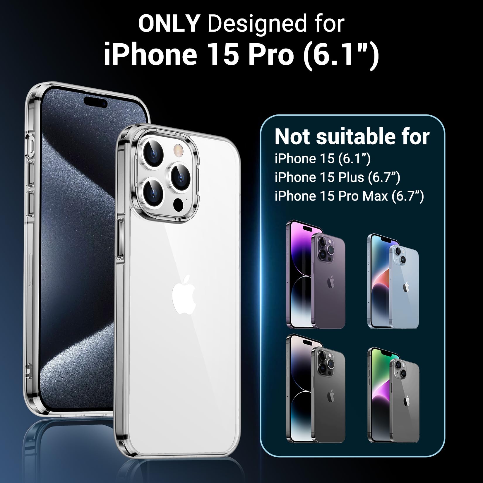 Temdan Temdan iPhone 15 Pro Case Clear Anti-Yellowing Military Grade Drop Protection Slim Fit Shockproof Bumper 6.1 inch 2023 Black/Clear - View 7 of 7