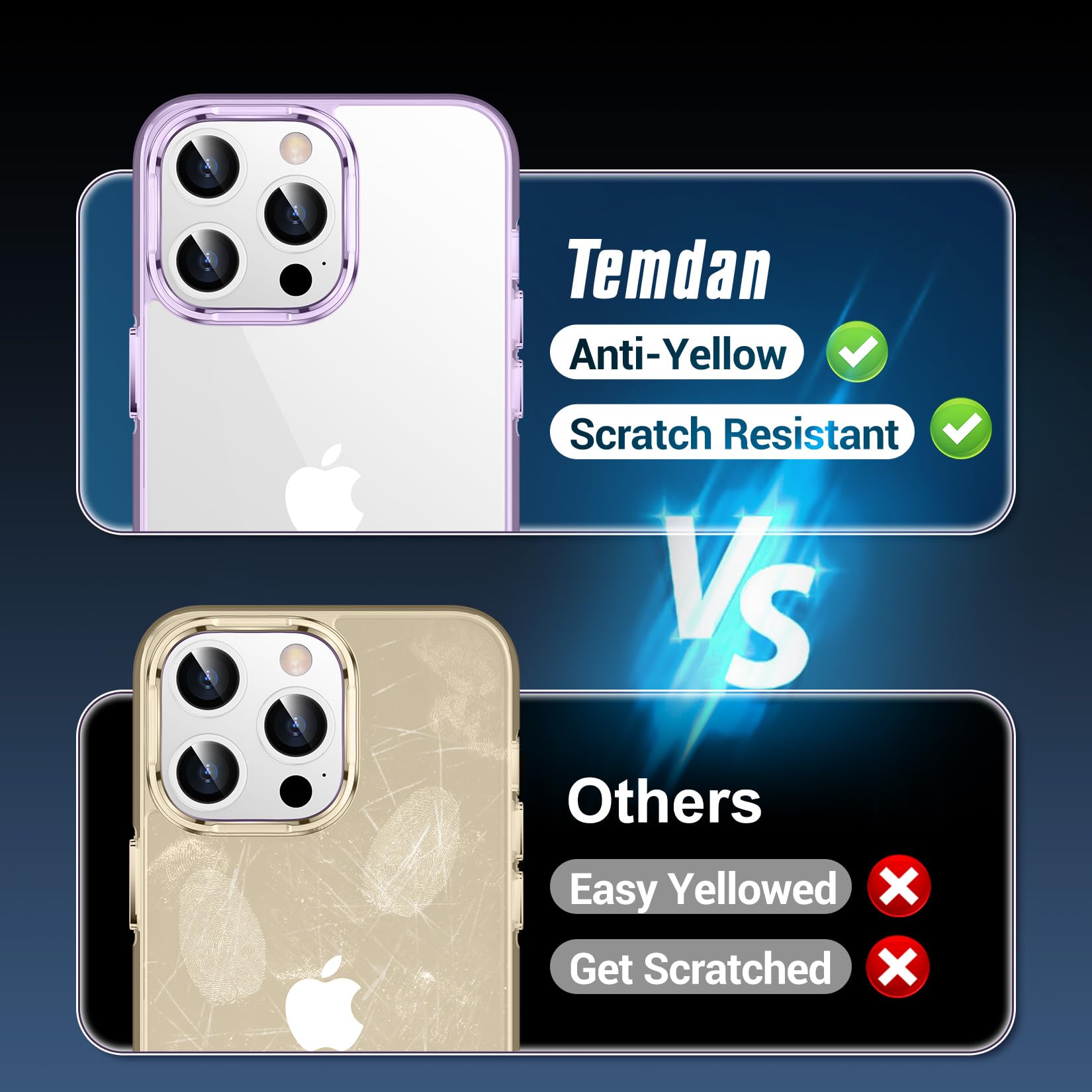 Temdan Temdan iPhone 15 Pro Case Clear Anti-Yellowing Military Grade Drop Protection Slim Fit Shockproof Bumper 6.1 inch 2023 Purple Clear - View 5 of 7