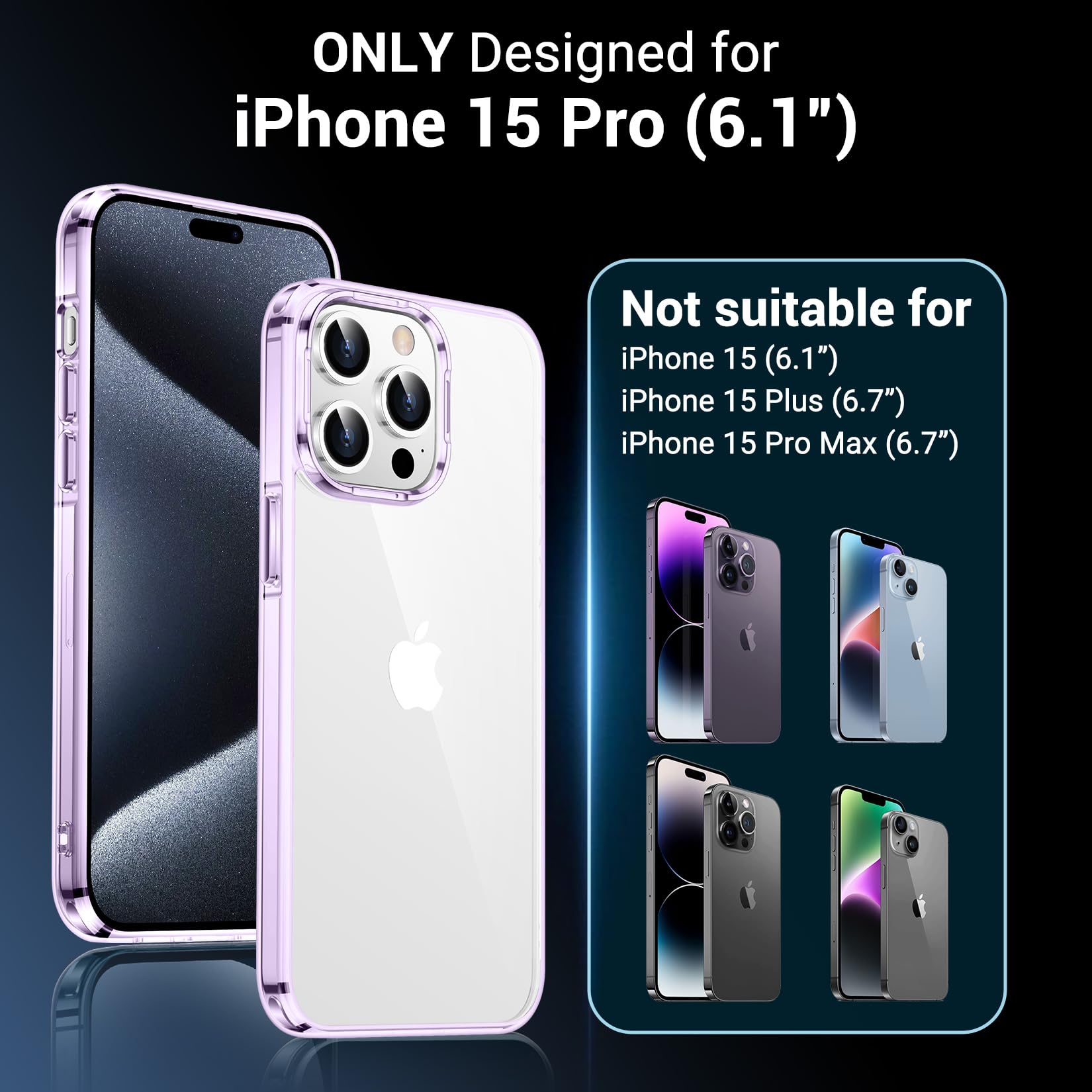 Temdan Temdan iPhone 15 Pro Case Clear Anti-Yellowing Military Grade Drop Protection Slim Fit Shockproof Bumper 6.1 inch 2023 Purple Clear - View 7 of 7