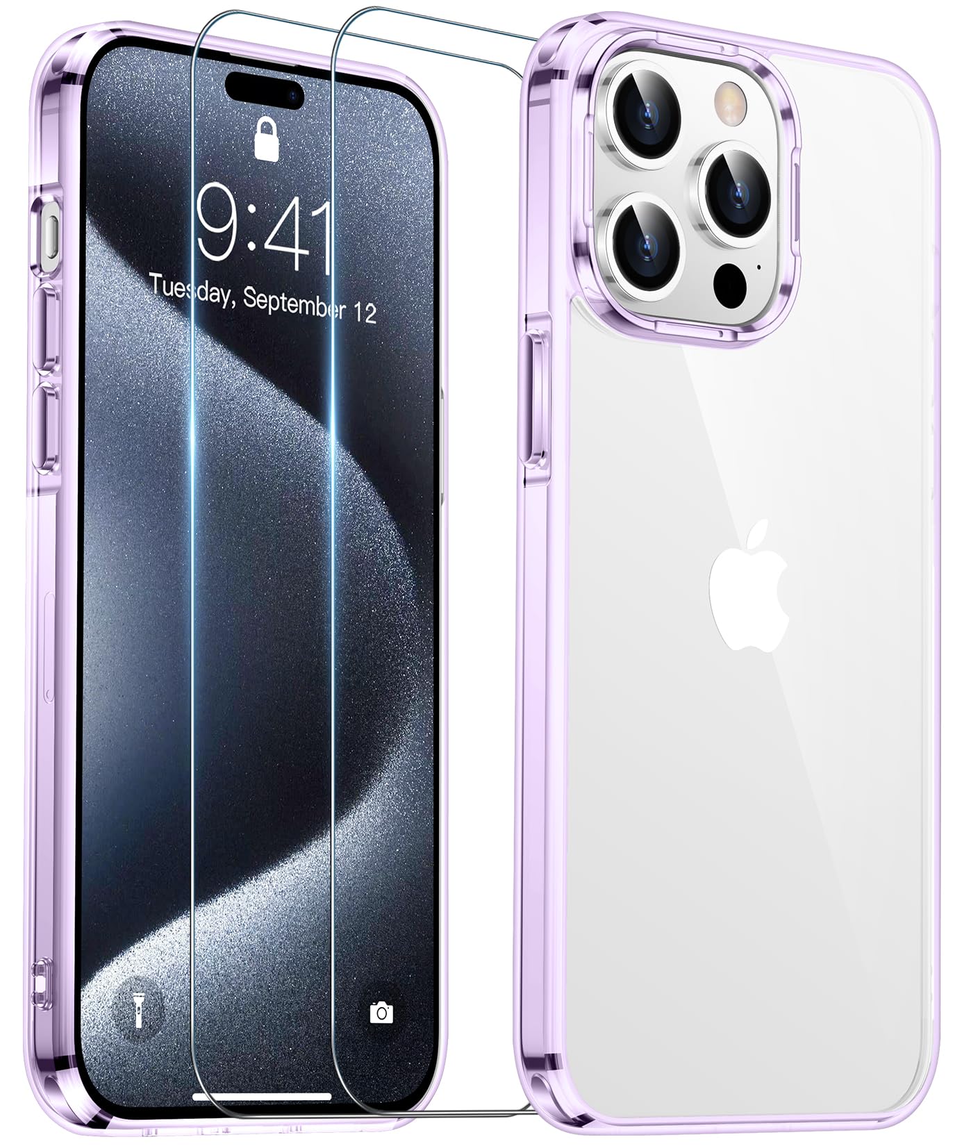 Temdan Temdan iPhone 15 Pro Case Clear Anti-Yellowing Military Grade Drop Protection Slim Fit Shockproof Bumper 6.1 inch 2023 Purple Clear