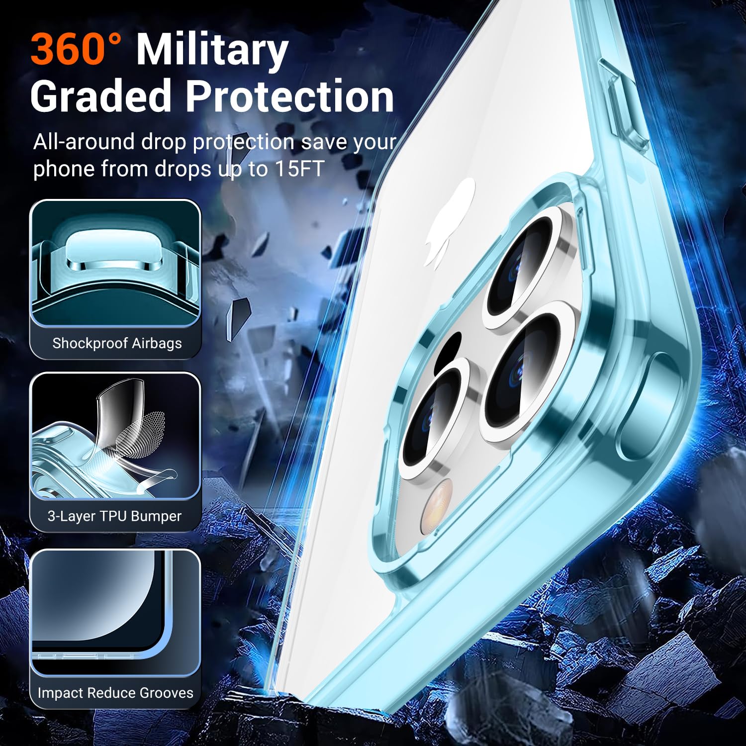 Temdan Temdan iPhone 15 Pro Case Clear Anti-Yellowing Military Grade Drop Protection Slim Fit Shockproof Bumper 6.1 inch 2023 Blue Clear - View 3 of 7