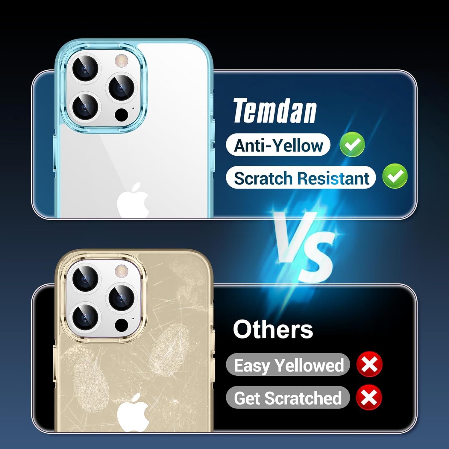 Temdan Temdan iPhone 15 Pro Case Clear Anti-Yellowing Military Grade Drop Protection Slim Fit Shockproof Bumper 6.1 inch 2023 Blue Clear - View 5 of 7