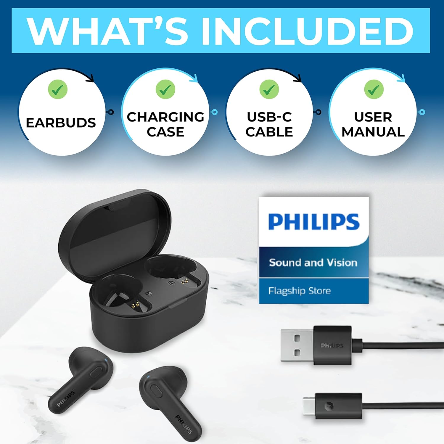 Philips PHILIPS True Wireless Earbuds TWS Bluetooth 5.3 Headphones with AI Mic IPX4 Waterproof 15 Hours Playtime Compatible with iPhone Android - View 8 of 9